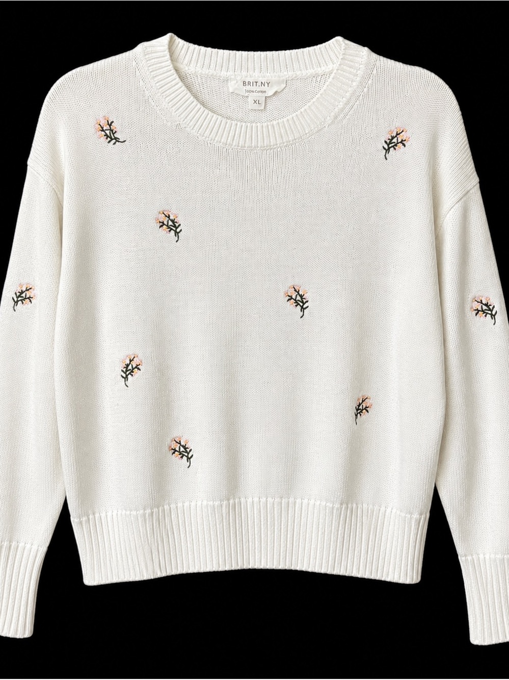 BRIT.NY Ivory Floral Embroidered Sweater Women’s XL Cottagecore Lightweight Knit